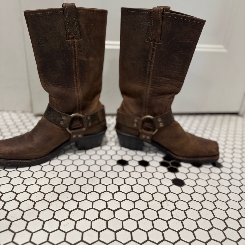 Frye harnessed distressed leather boots